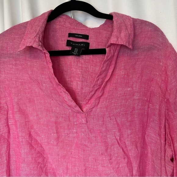 Tahari Linen Shirt Blouse Women's Plus Size 1X Pink Top Mother Of Pearl Buttons - Picture 2 of 11